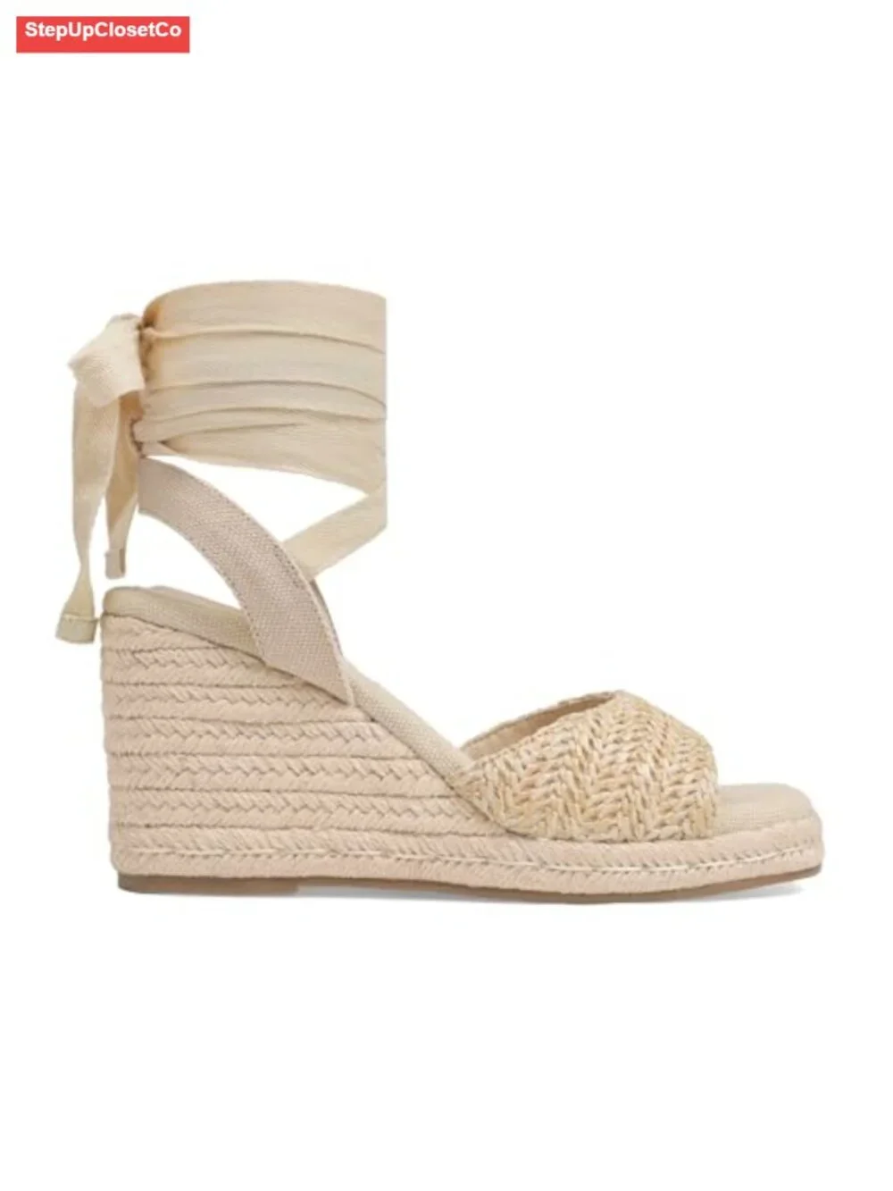 Woven Straw Espadrilles Wedge Sandals Square Toe Ankle Strap Lace Up Summer